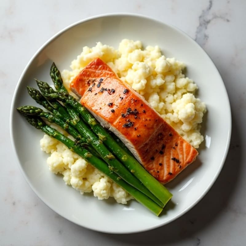 Seared Salmon with Steamed Asparagus and Garlic Mashed Cauliflower