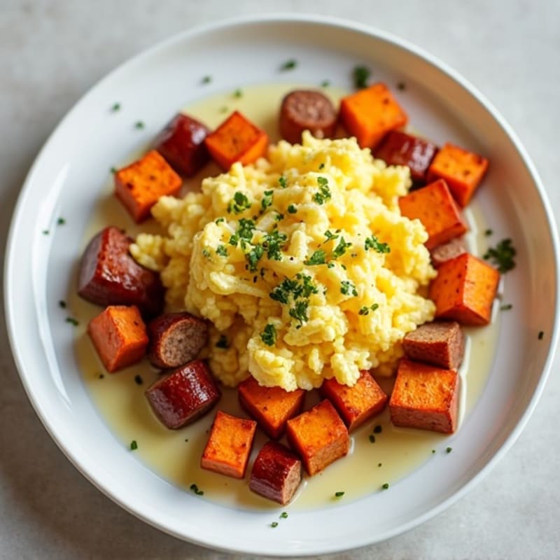 Scrambled Egg Whites with Turkey Sausage and Roasted Sweet Potato
