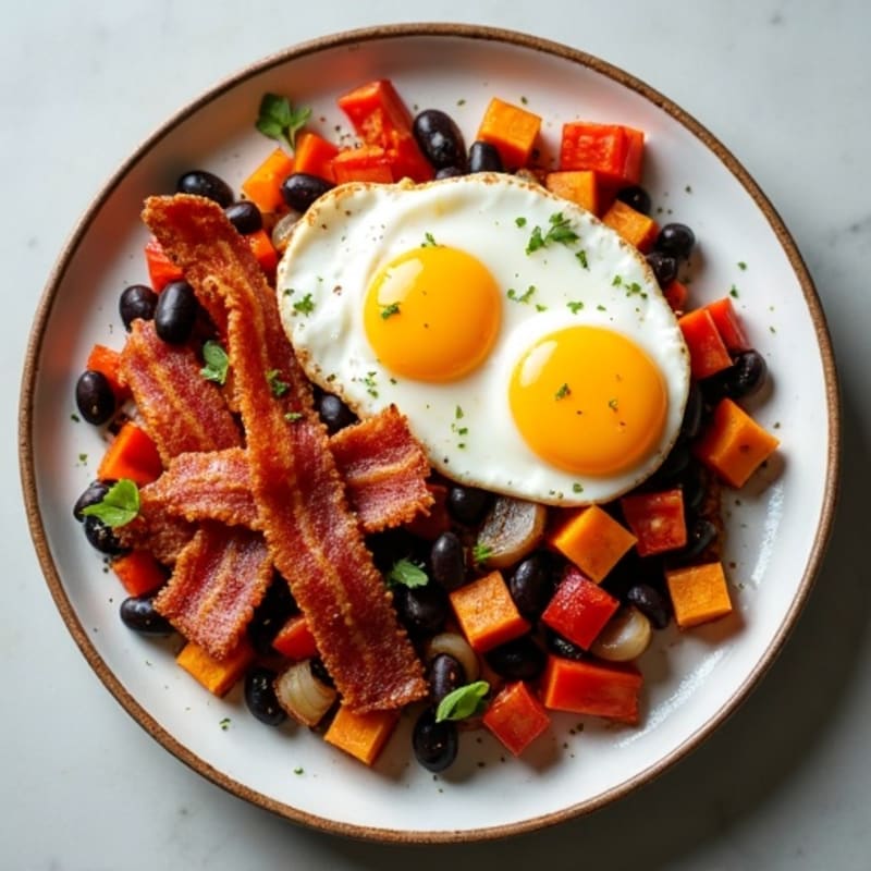 Crispy Sweet Potato Hash with Eggs and Turkey Bacon
