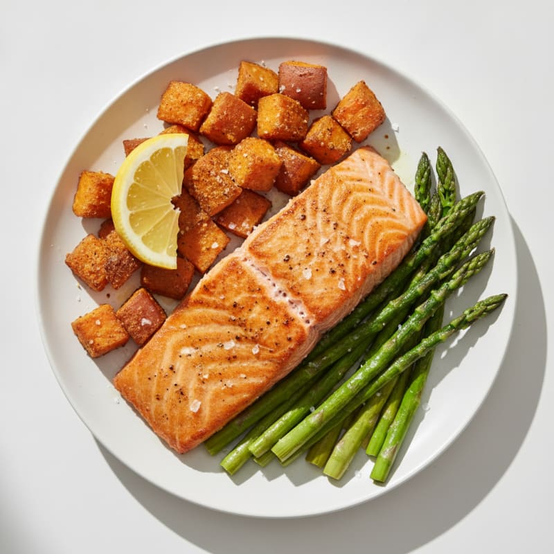 Seared Salmon Fillet with Roasted Sweet Potatoes and Asparagus