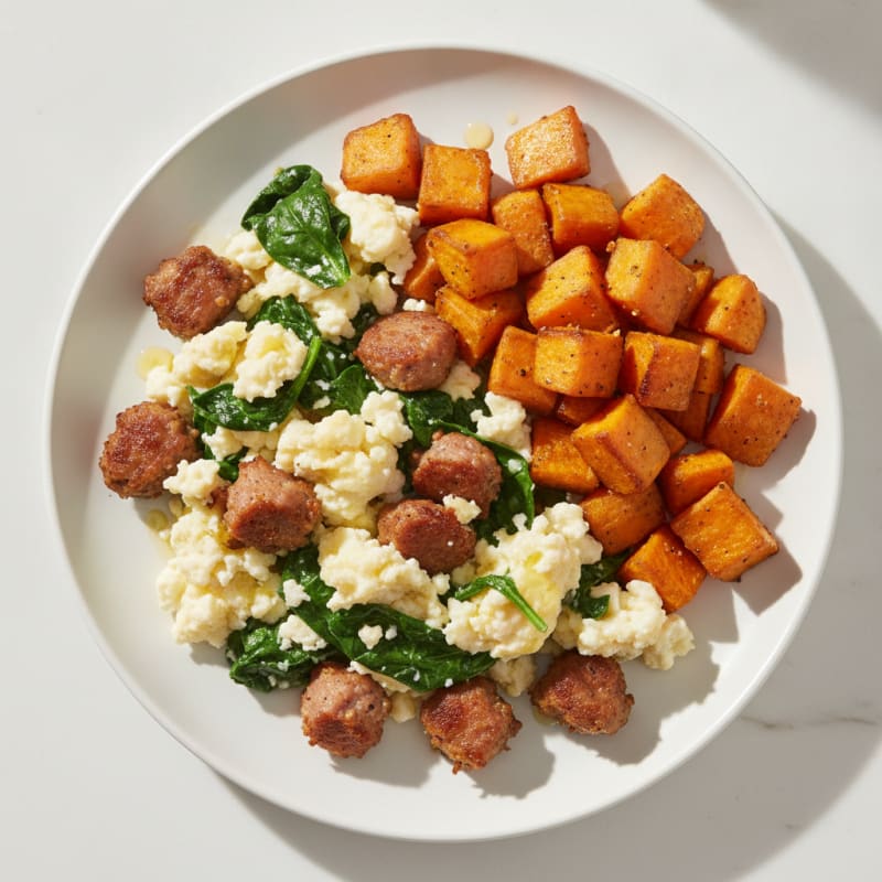 Crispy Turkey Sausage and Egg White Scramble with Roasted Sweet Potato