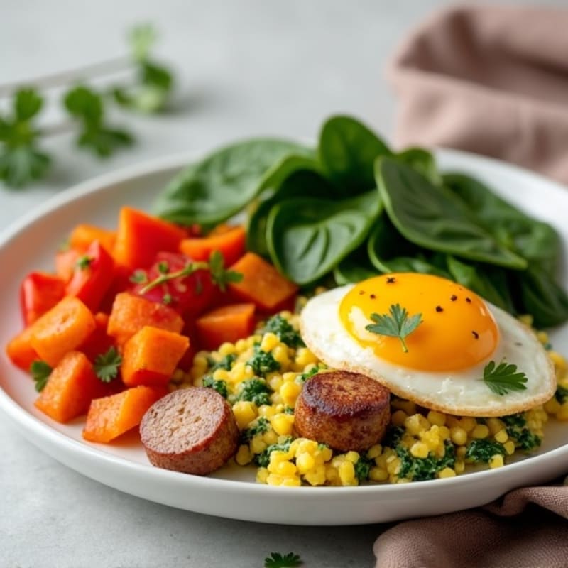 Crispy Turkey Sausage and Spinach Egg Scramble with Sweet Potato Hash
