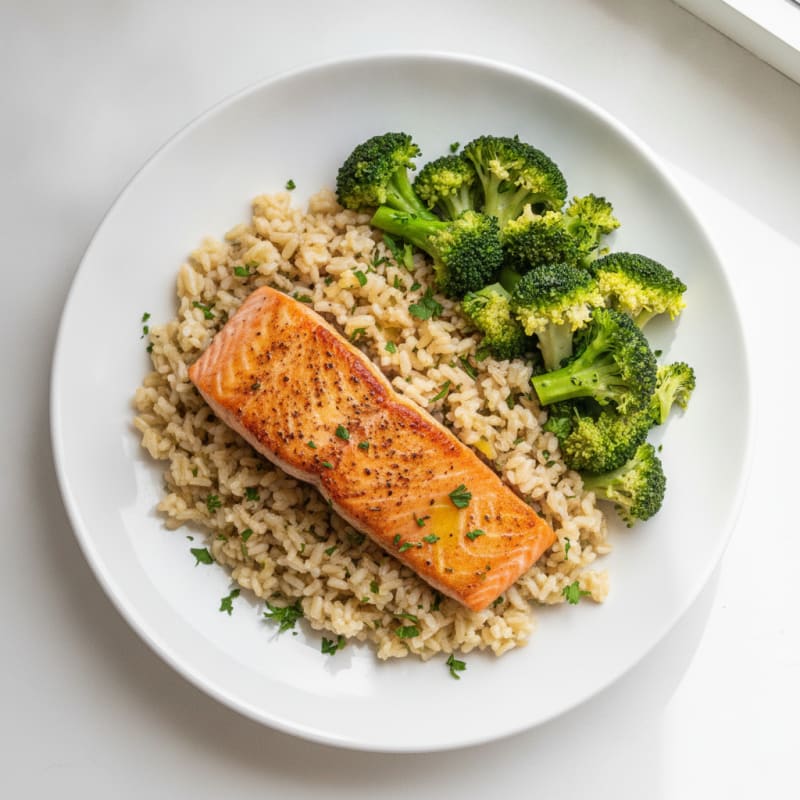 Seared Salmon with Steamed Broccoli and Lemon Herb Rice