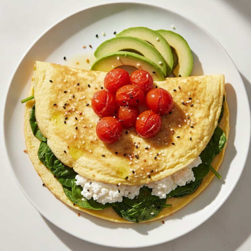 Egg White Spinach Omelet with Cottage Cheese and Cherry Tomatoes