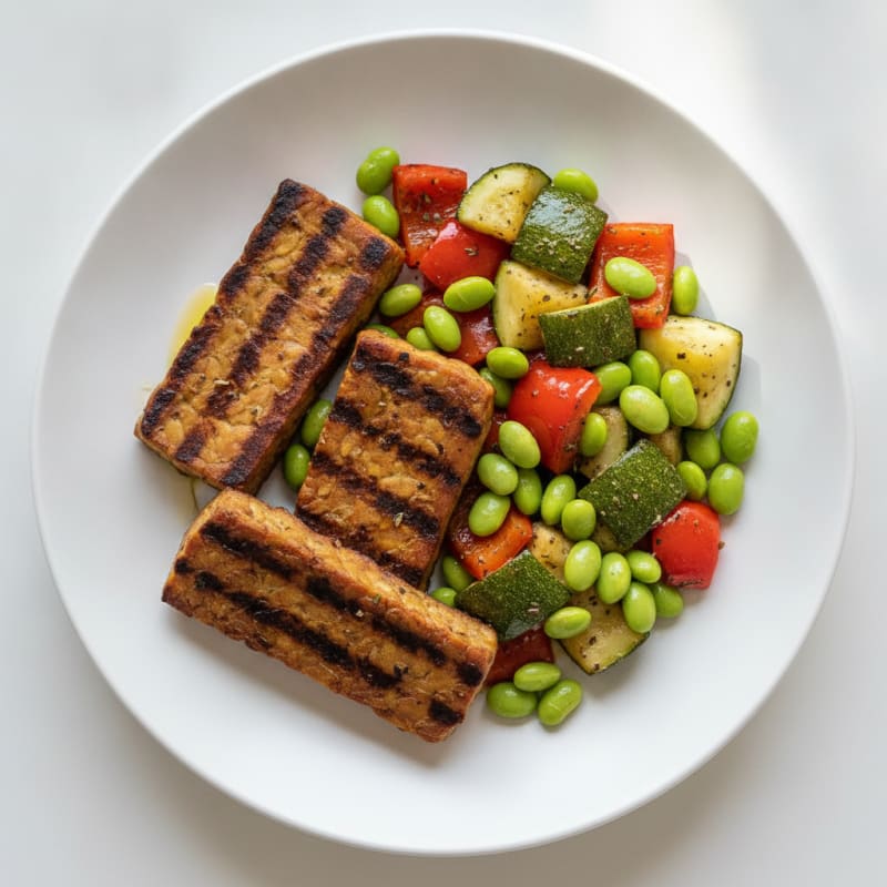 Grilled Tempeh with Herb-Roasted Vegetables and Edamame