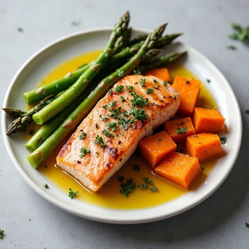 Seared Salmon with Roasted Sweet Potatoes and Asparagus