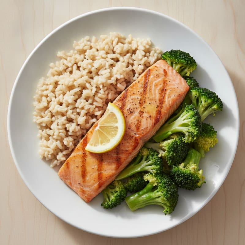 Seared Salmon Filet with Steamed Broccoli and Brown Rice