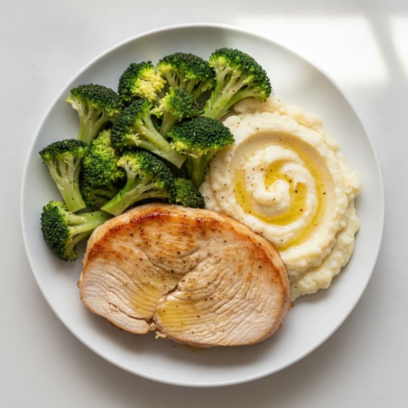 Seared Turkey Breast with Steamed Broccoli and Cauliflower Mash