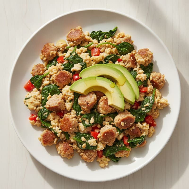 Egg White and Turkey Sausage Scramble with Sautéed Spinach
