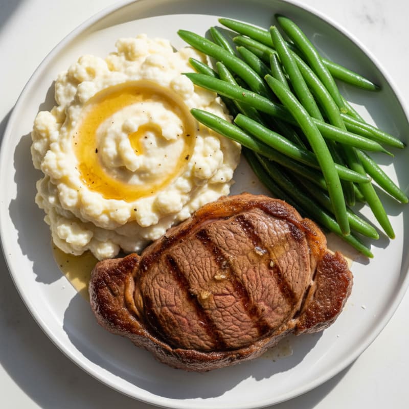 Seared Sirloin Steak with Steamed Green Beans and Garlic Mashed Cauliflower