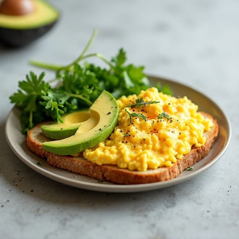 Fluffy Scrambled Eggs with Avocado and Fresh Greens on Crispy Ezekiel Toast