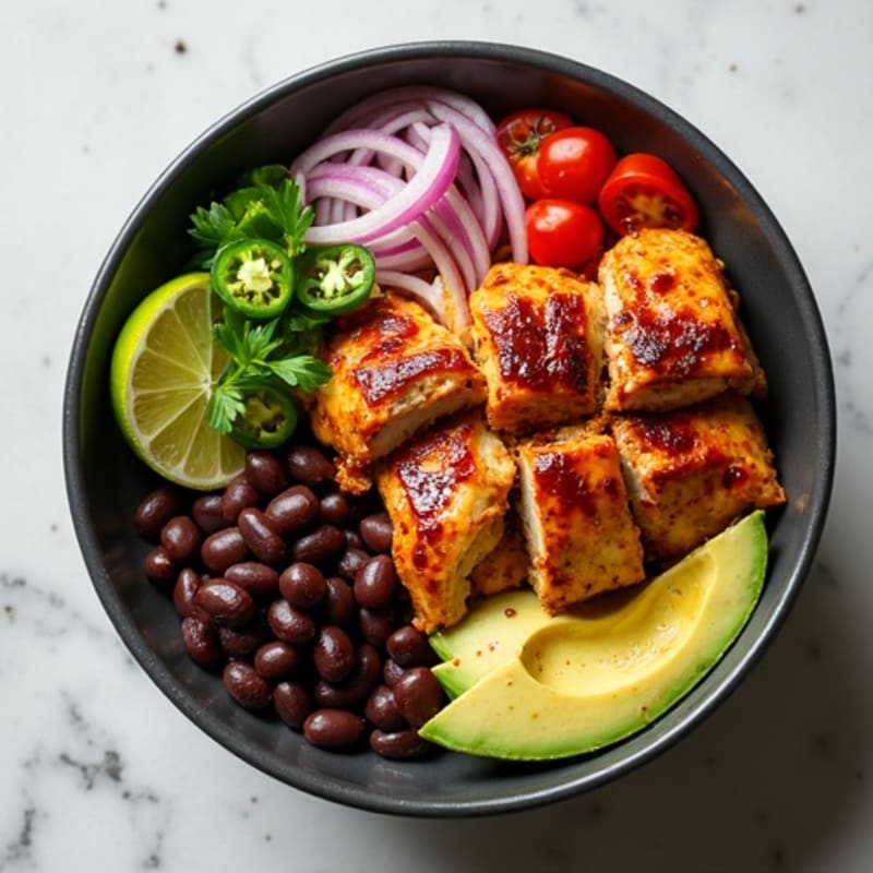 Spicy Chipotle Chicken and Black Bean Bowl with Fresh Pico and Creamy Avocado