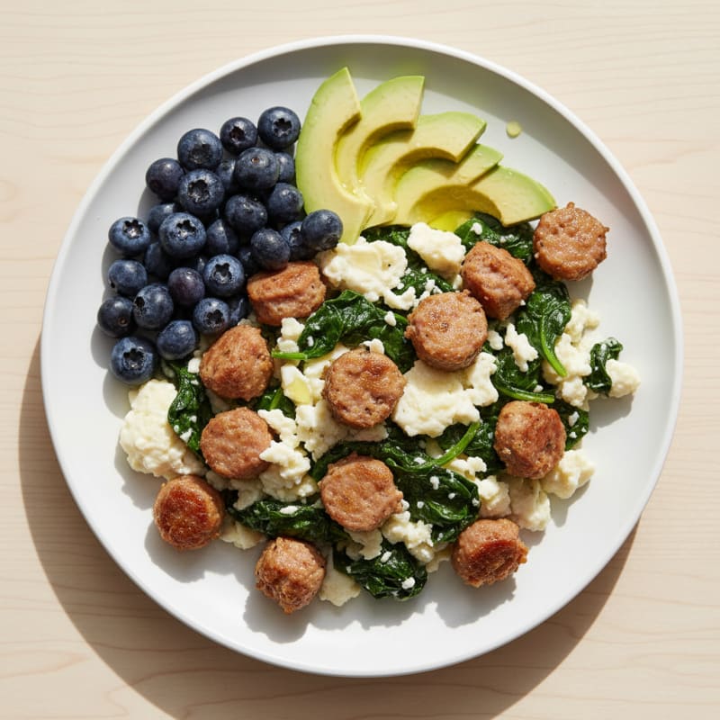 Egg White Spinach Scramble with Turkey Sausage