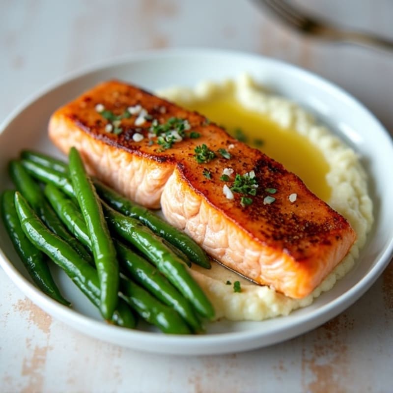 Seared Salmon with Steamed Green Beans and Cauliflower Mash