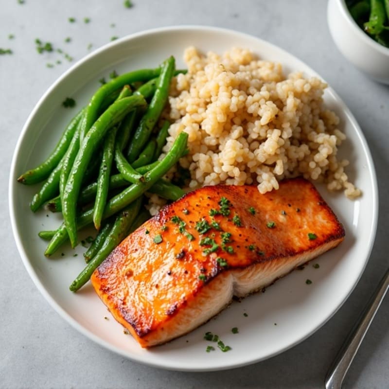 Seared Salmon Fillet with Garlic Green Beans and Brown Rice