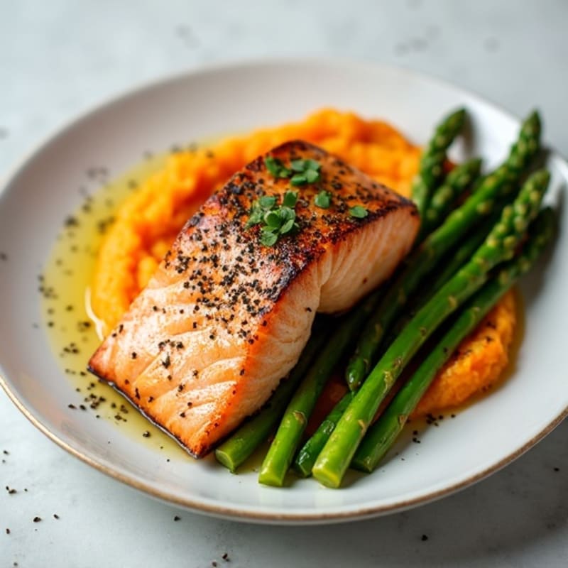 Seared Salmon Fillet with Steamed Asparagus and Sweet Potato Mash