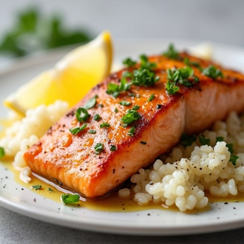 Garlic Butter Pan-Seared Salmon with Cauliflower Rice