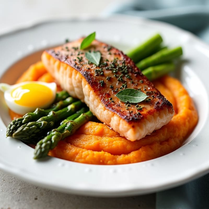 Seared Salmon with Roasted Asparagus and Sweet Potato Mash