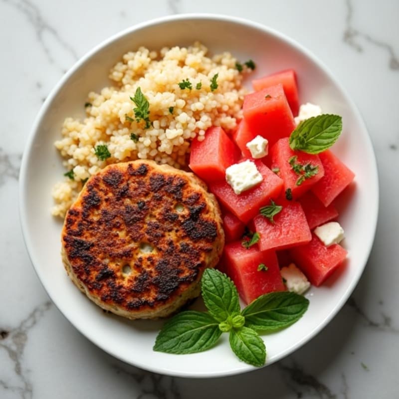 Seasoned Meat Patty with Fluffy Couscous and Sweet Feta Watermelon Salad