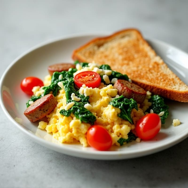 Egg White Scramble with Turkey Sausage and Sautéed Spinach