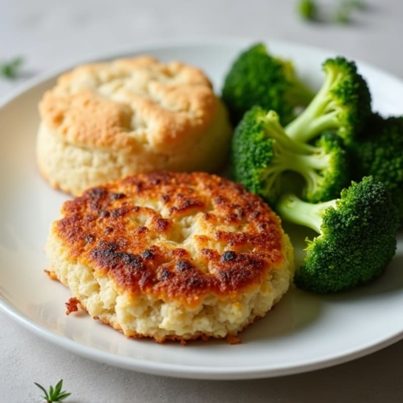 Seared Turkey Patties with Steamed Broccoli and Biscuit