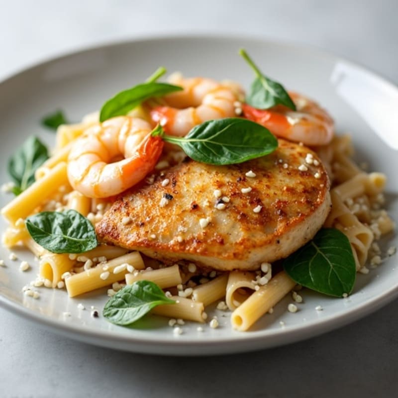 Pan-Seared Chicken and Prawn with Creamy Garlic Pasta