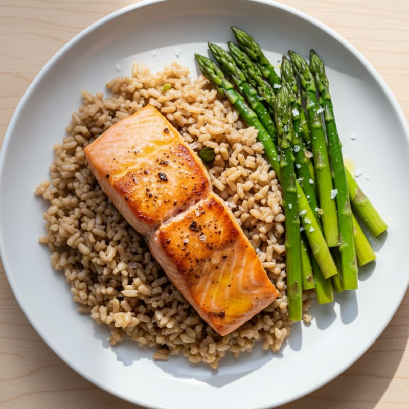 Seared Salmon with Steamed Asparagus and Brown Rice