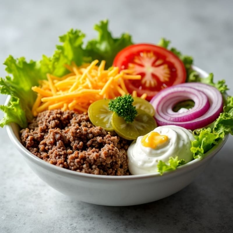 Lean Ground Beef Cheeseburger Bowl with Creamy Tangy Dressing