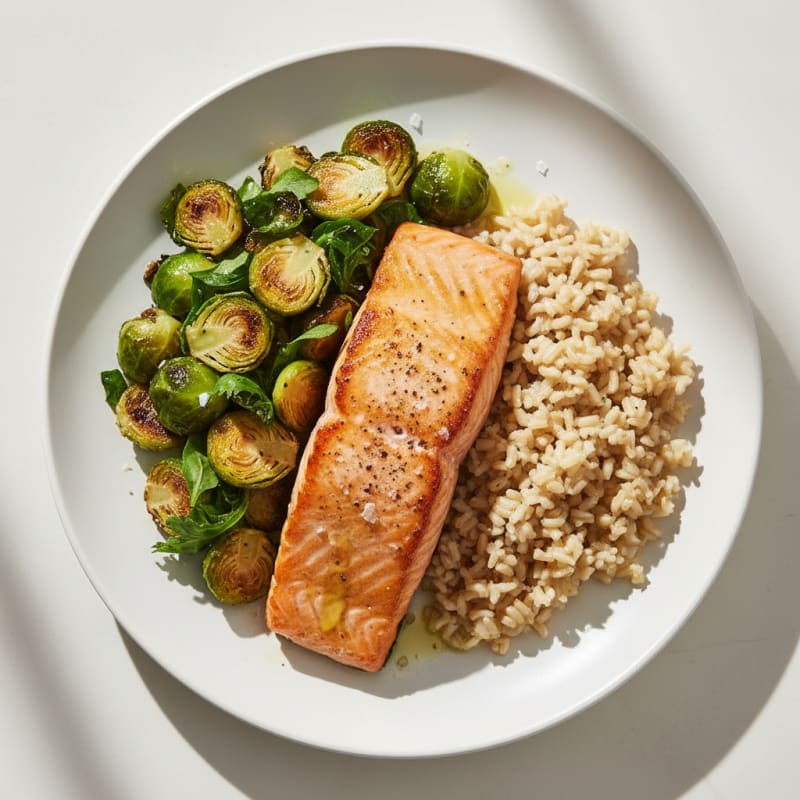 Seared Salmon Fillet with Roasted Brussels Sprouts and Brown Rice