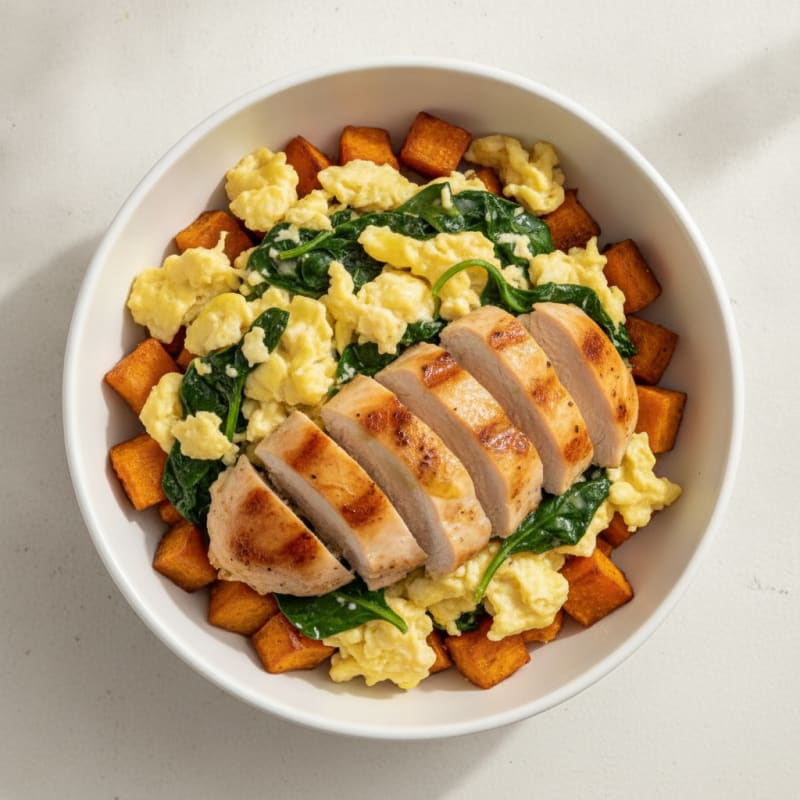 Grilled Chicken Egg Scramble Bowl with Spinach and Roasted Sweet Potato