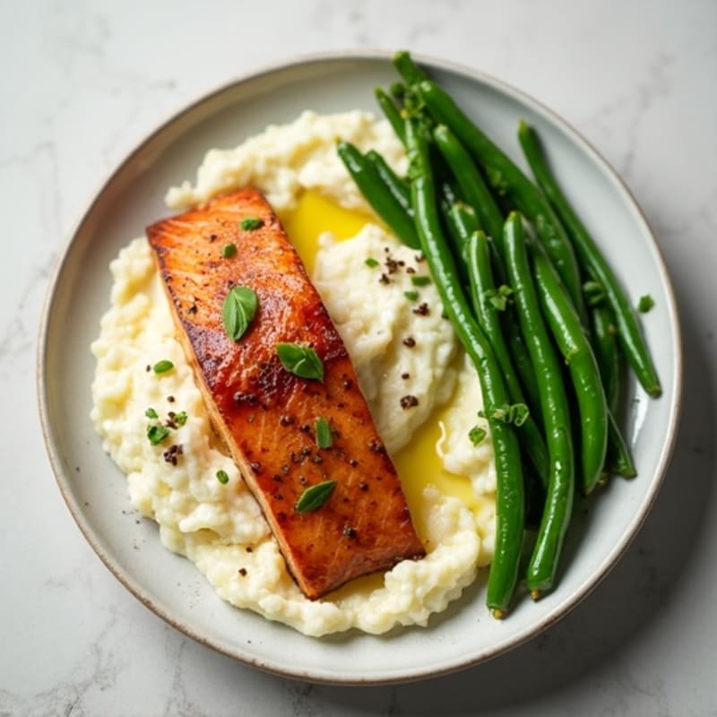 Seared Salmon with Garlic Green Beans and Cauliflower Mash