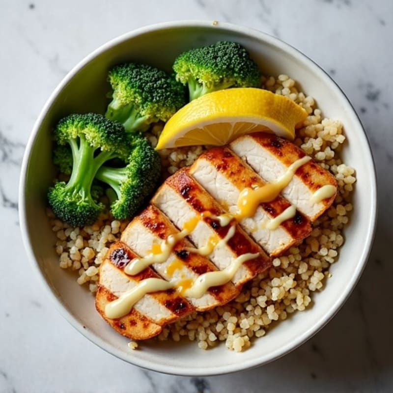 Grilled Chicken and Quinoa Bowl with Crunchy Broccoli and Lemon Tahini Drizzle