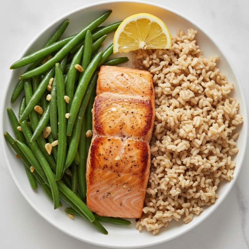 Seared Salmon with Garlic Green Beans and Brown Rice