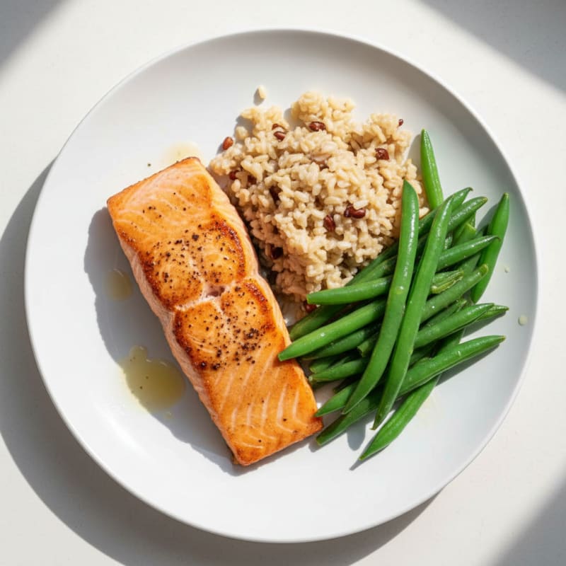 Seared Salmon with Steamed Green Beans and Brown Rice