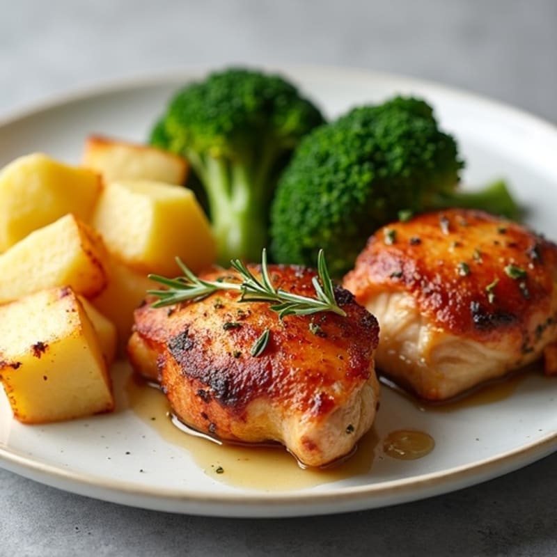 Crispy Roasted Chicken Thighs with Rosemary Garlic Roasted Potatoes and Steamed Broccoli