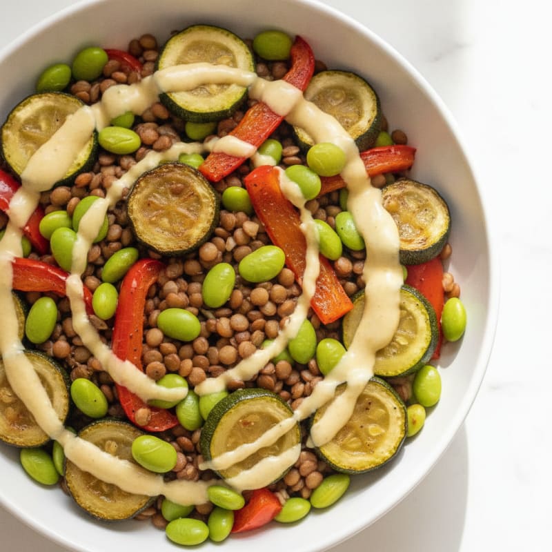 Lentil and Edamame Power Bowl with Roasted Vegetables
