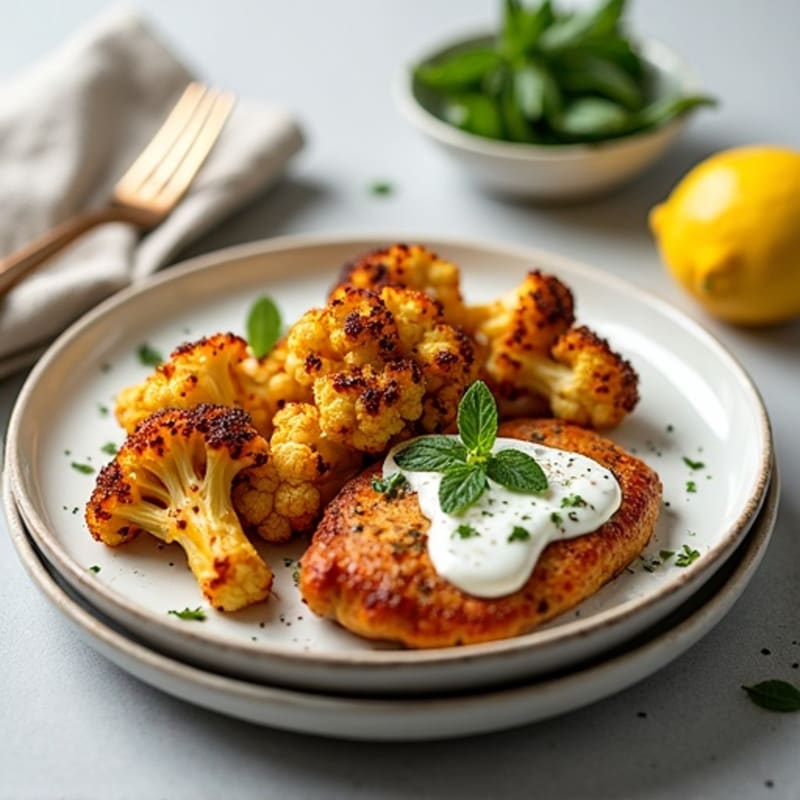 Sheet Pan Harissa Chicken and Crispy Roasted Cauliflower with Fresh Mint Yogurt Sauce