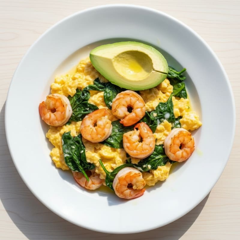Creamy Scrambled Eggs with Sautéed Shrimp and Spinach