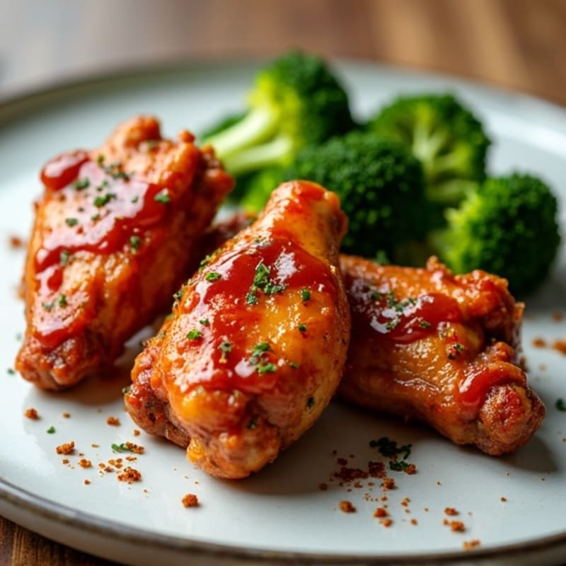 Crispy Baked Spicy BBQ Chicken Wings with Roasted Broccoli