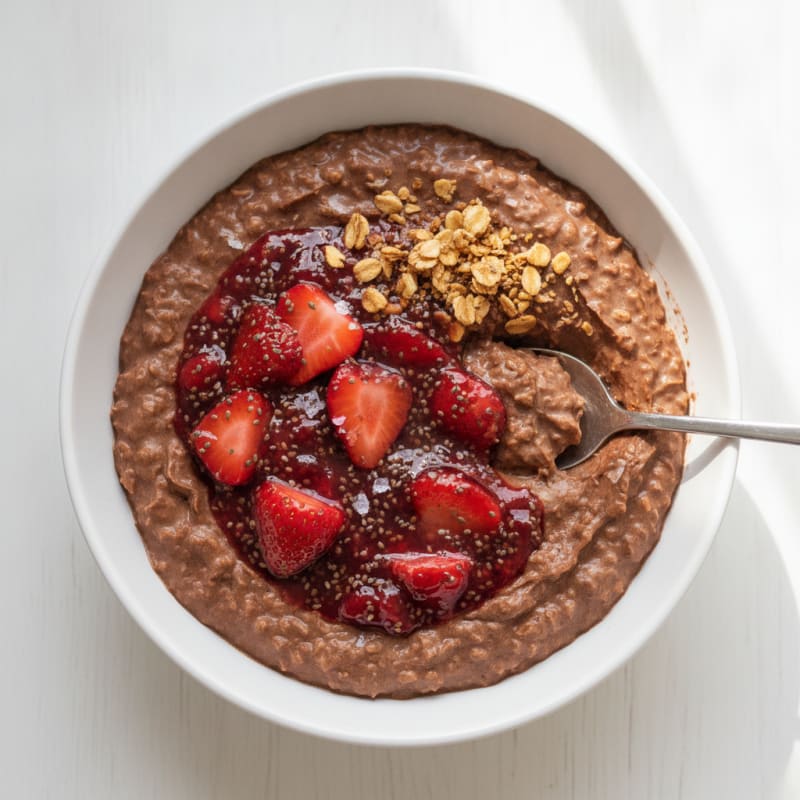 Chocolate Protein Oatmeal with Strawberry Jam