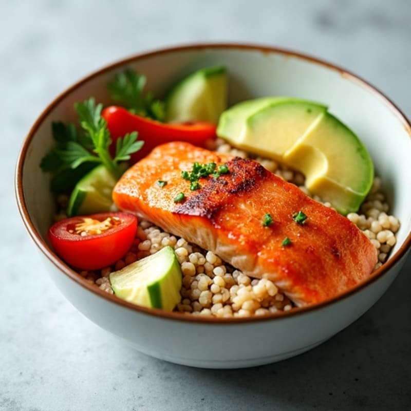 Flaky Salmon Rice Bowl with Fresh Vegetables and Creamy Avocado