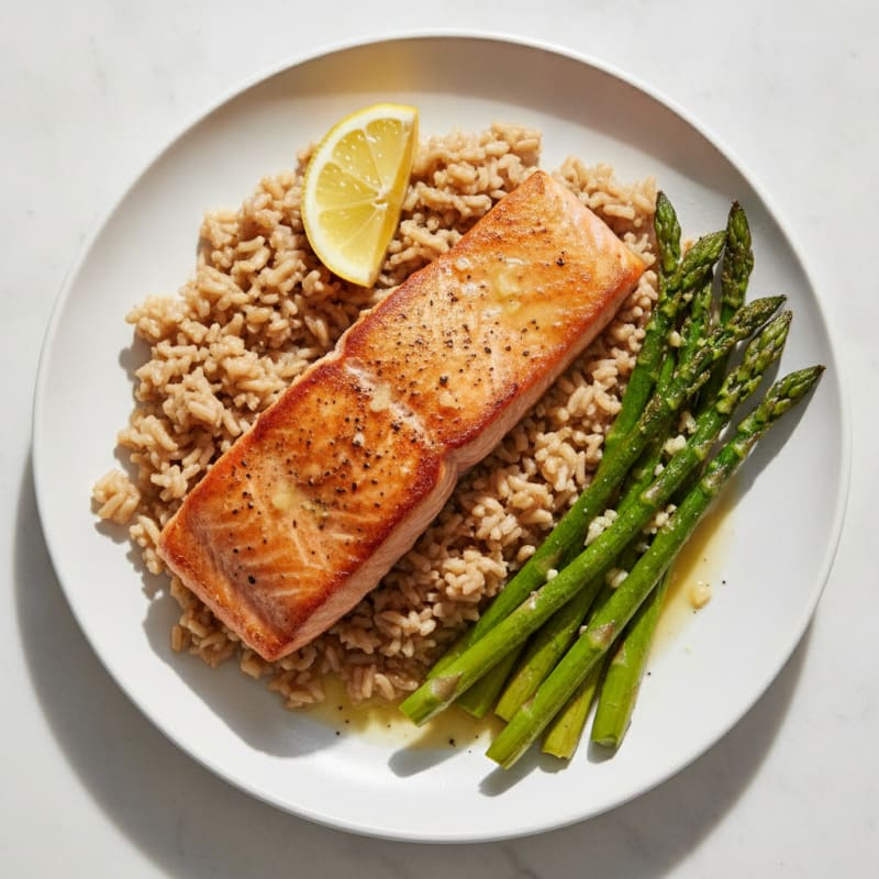 Seared Salmon with Brown Rice and Roasted Asparagus