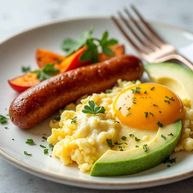 Egg White Scramble with Turkey Sausage and Roasted Sweet Potato