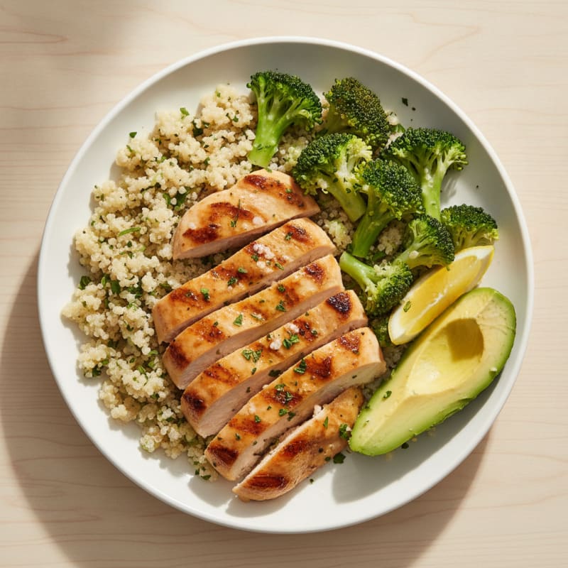 Grilled Lemon Garlic Chicken Breast with Quinoa and Steamed Broccoli