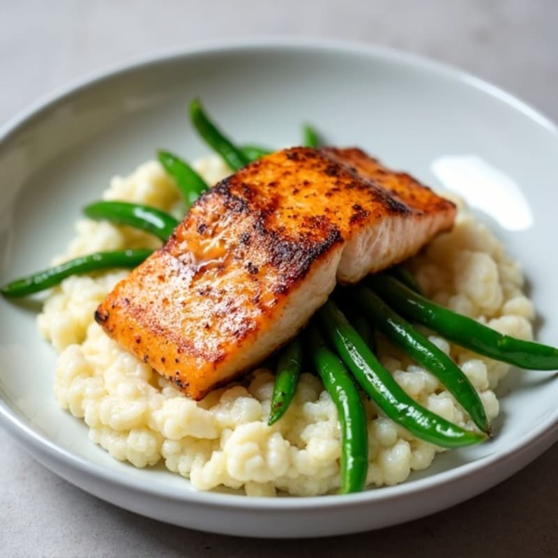 Seared Salmon Fillet with Garlic Green Beans and Cauliflower Mash