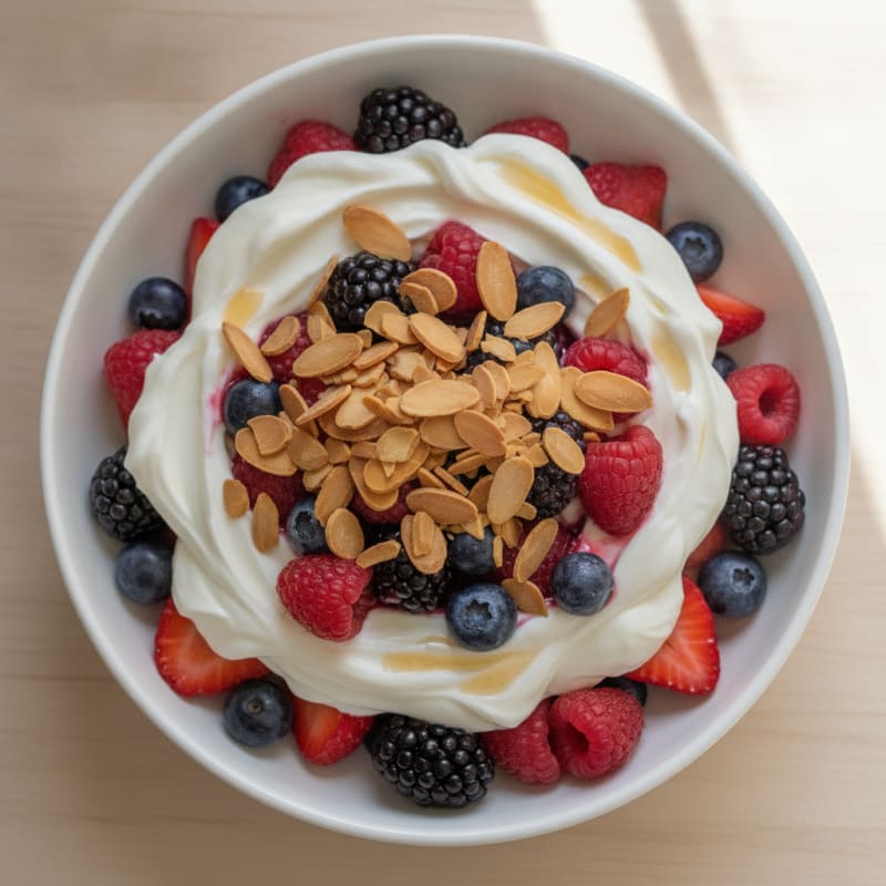 Greek Yogurt Protein Parfait with Mixed Berries and Almonds
