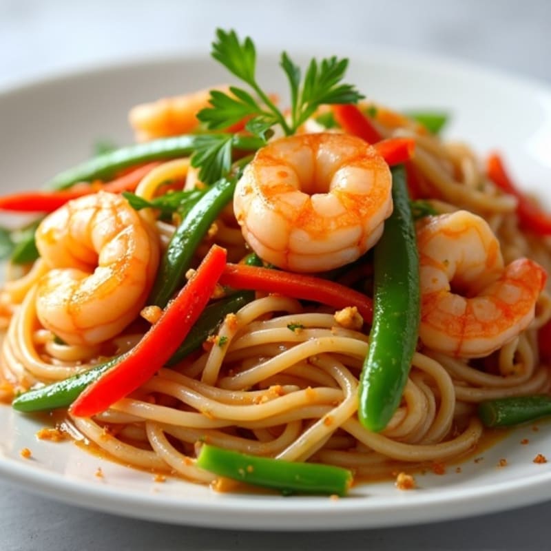 Shrimp Noodle Stir-Fry with Tangy Peanut Sauce and Crisp Vegetables