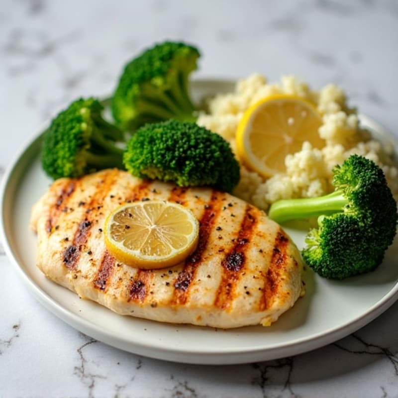 Grilled Lemon Chicken Breast with Steamed Broccoli and Cauliflower Rice