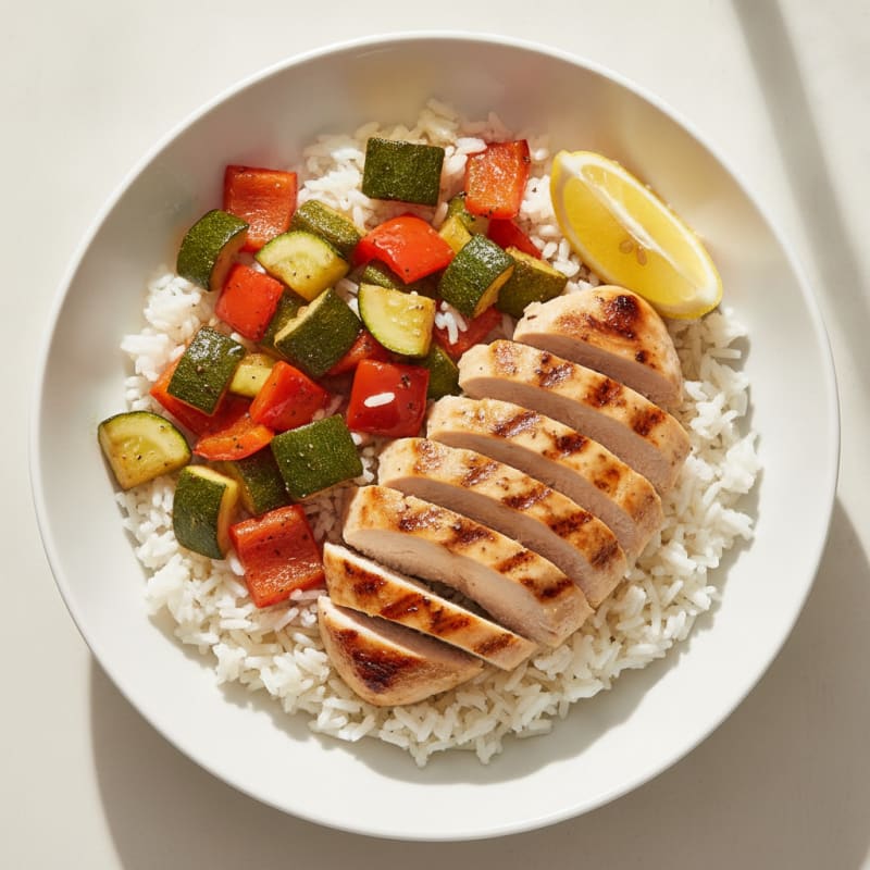 Grilled Chicken and Rice Bowl with Roasted Vegetables