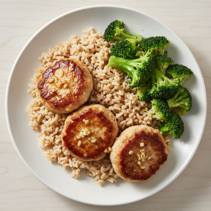 Garlic Seared Turkey Patties with Steamed Broccoli and Brown Rice
